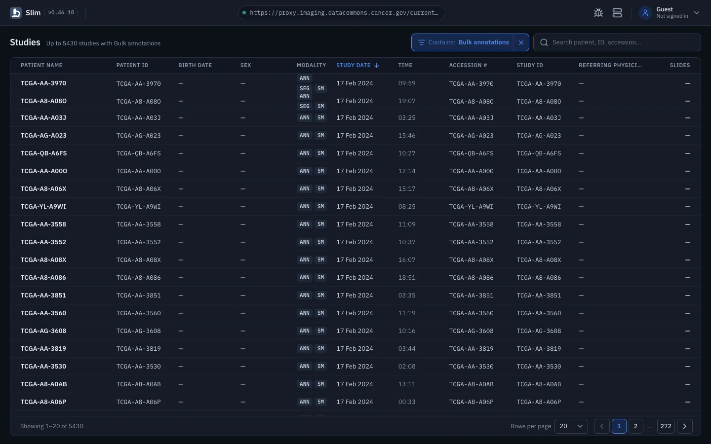 The worklist, filtered to studies that contain derived objects. (dark theme)